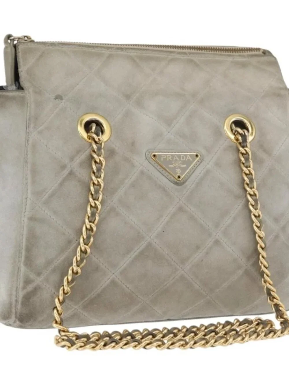 PRADA Chain Shoulder Bag Suede Gray Gold Auth